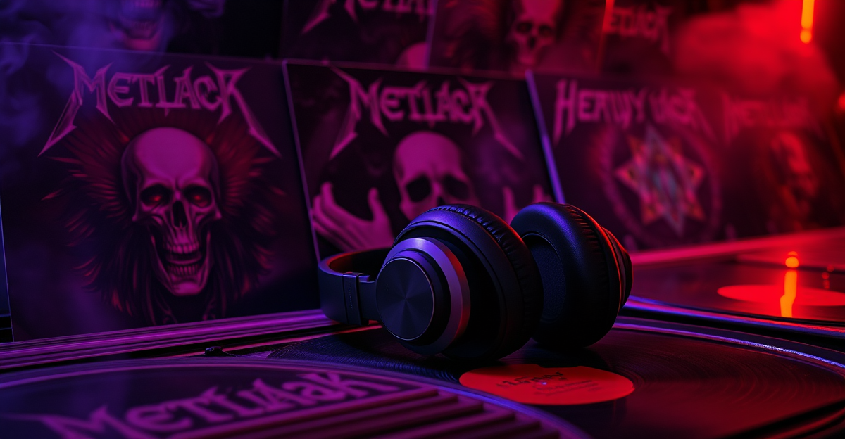 Heavy metal vinyl records and headphones in moody neon lighting
